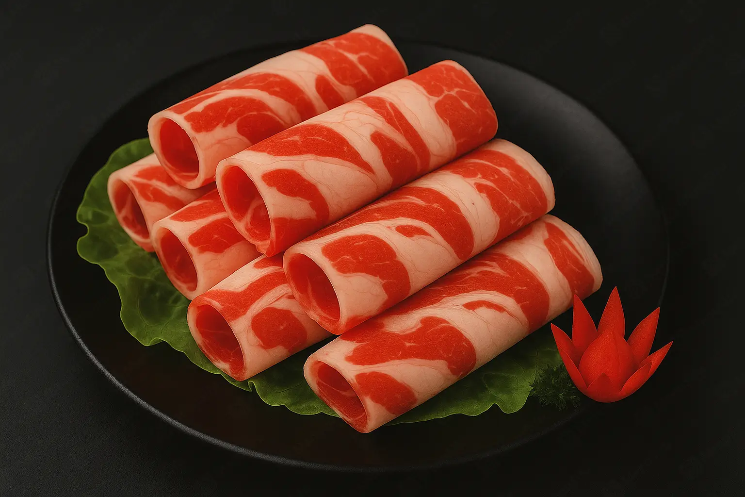 Freshly sliced beef rolls presented on a black plate with lettuce at Blaze Korean BBQ & Hot Pot, a Korean Restaurant in Myrtle Beach