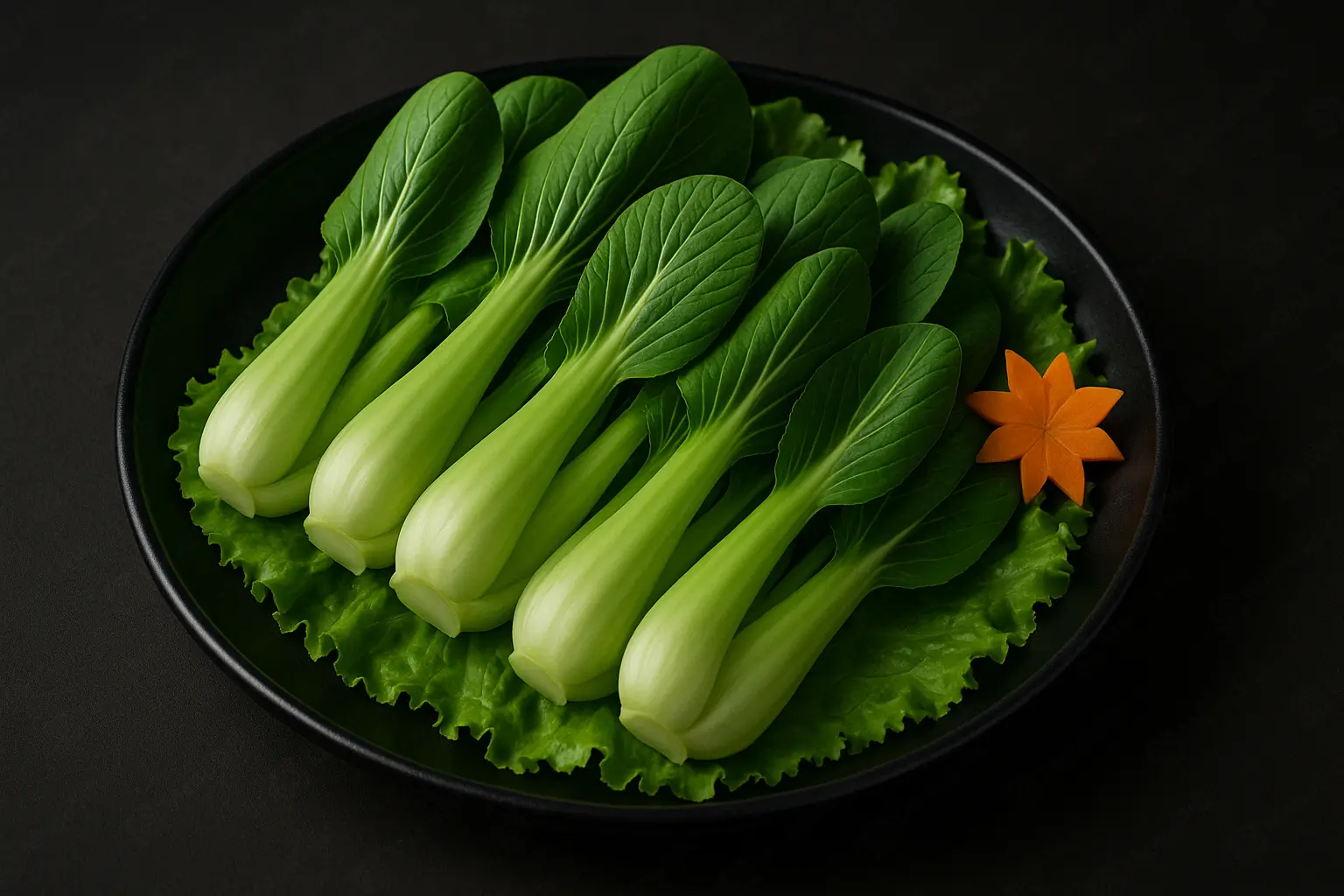 Fresh bok choy on lettuce with a carrot star garnish at Blaze Korean BBQ & Hot Pot, a Korean Restaurant in Myrtle Beach