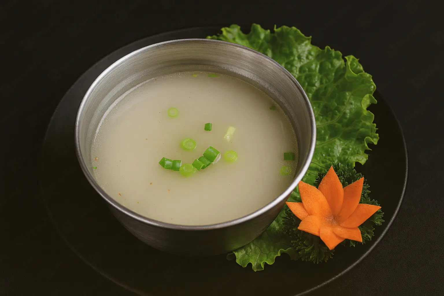 Light clear soup with green onions in a metal bowl at Blaze Korean BBQ & Hot Pot, a Korean Restaurant in Myrtle Beach