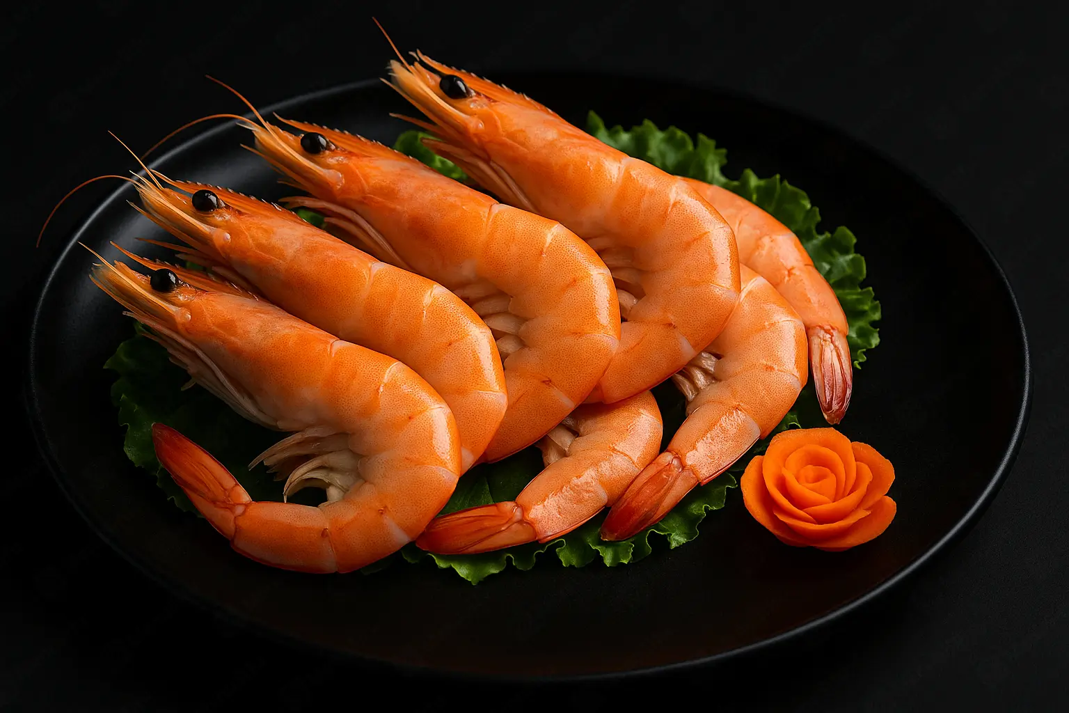 Plump cooked shrimp on lettuce with a carrot rose garnish at Blaze Korean BBQ & Hot Pot, a Korean Restaurant in Myrtle Beach