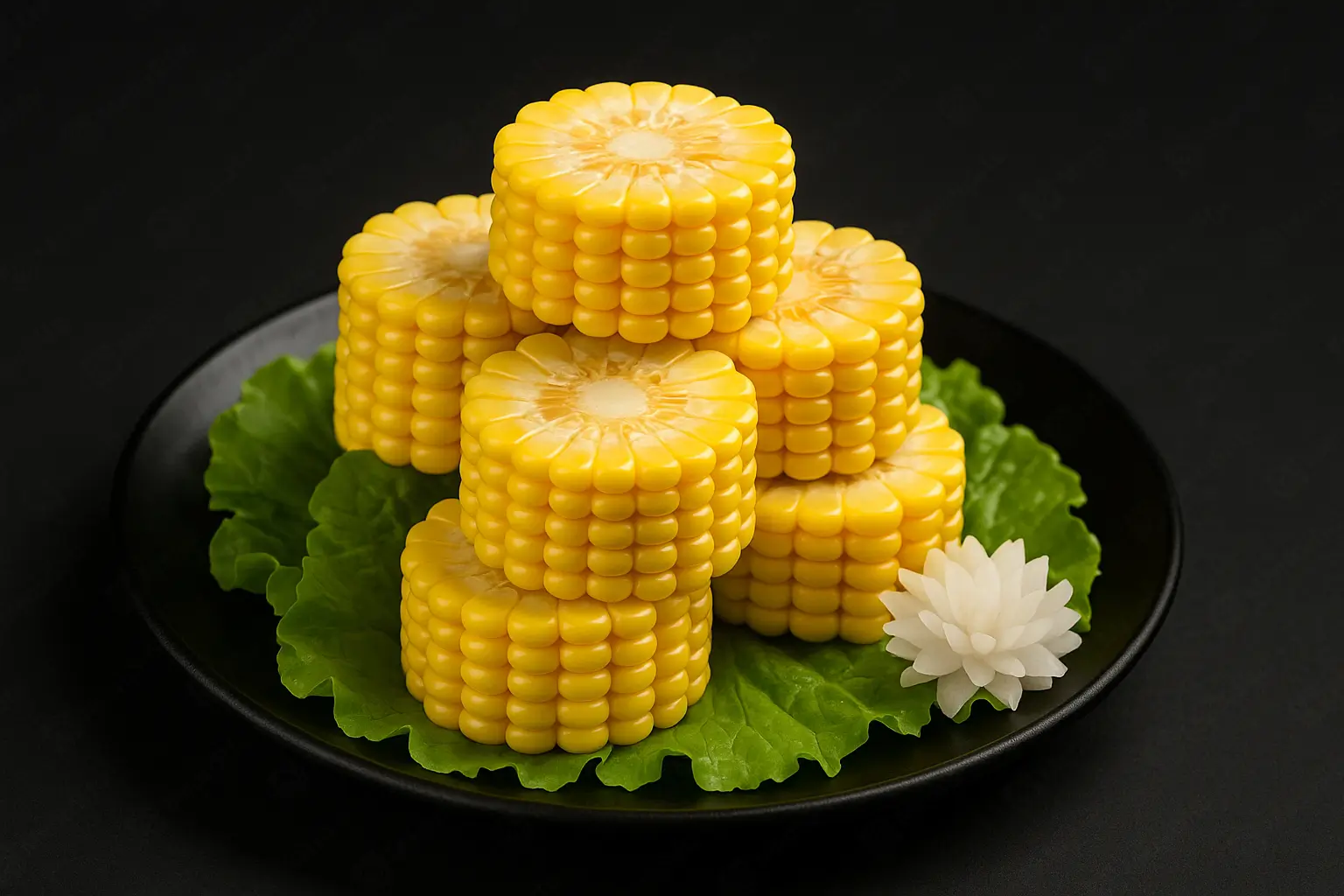 Sweet corn slices stacked on lettuce with a radish flower garnish at Blaze Korean BBQ & Hot Pot, a Korean Restaurant in Myrtle Beach