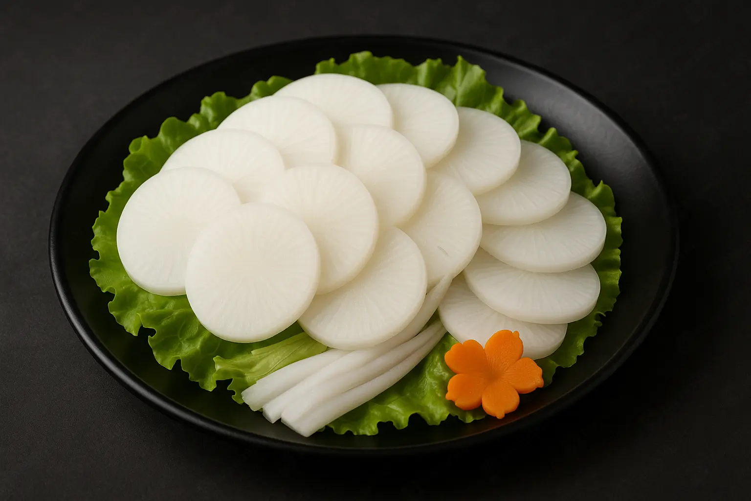 Thinly sliced daikon radish on lettuce with a carrot flower garnish at Blaze Korean BBQ & Hot Pot, a Korean Restaurant in Myrtle Beach