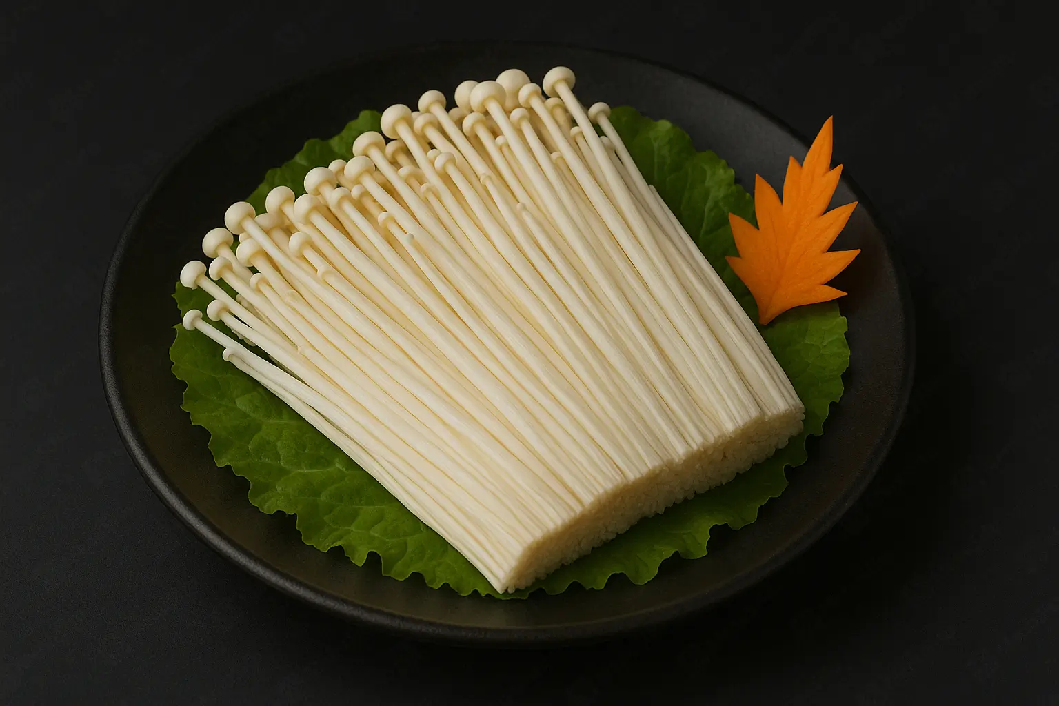 Fresh enoki mushrooms on lettuce with a carrot leaf garnish at Blaze Korean BBQ & Hot Pot, a Korean Restaurant in Myrtle Beach
