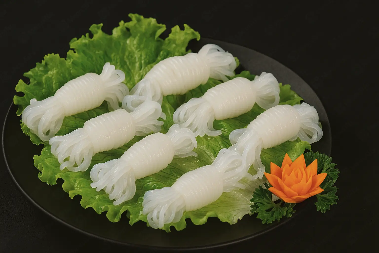 Konjac noodles tied into bundles on lettuce with a carrot lotus garnish at Blaze Korean BBQ & Hot Pot, a Korean Restaurant in Myrtle Beach