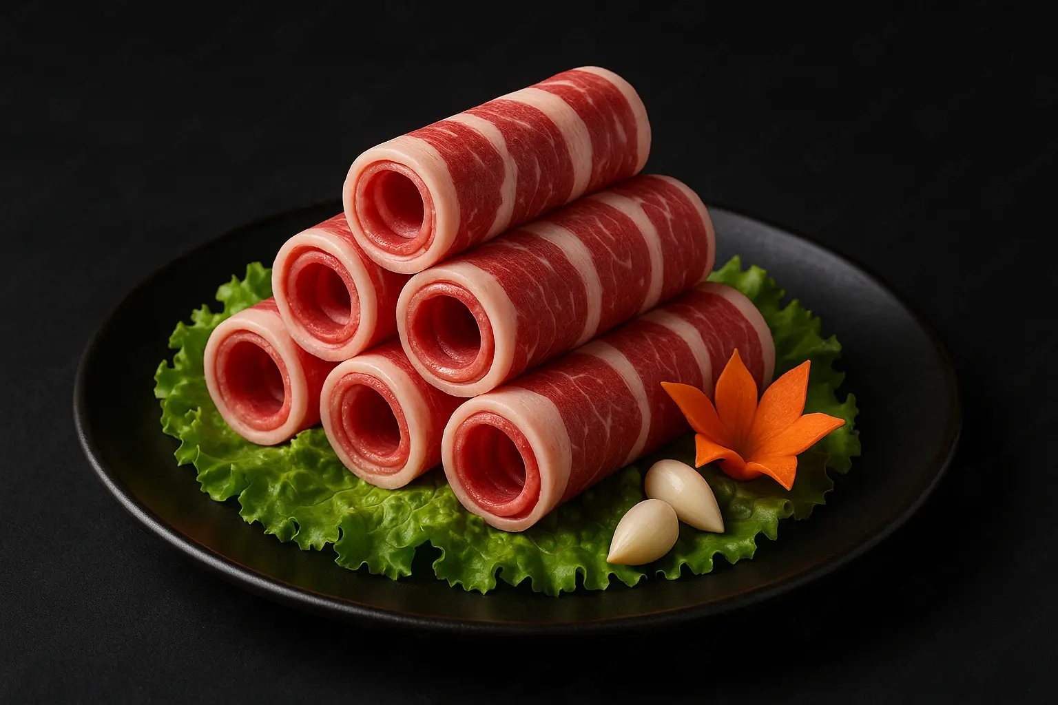 Marbled beef rolls stacked on lettuce with garlic and carrot garnish at Blaze Korean BBQ & Hot Pot, a Korean Restaurant in Myrtle Beach