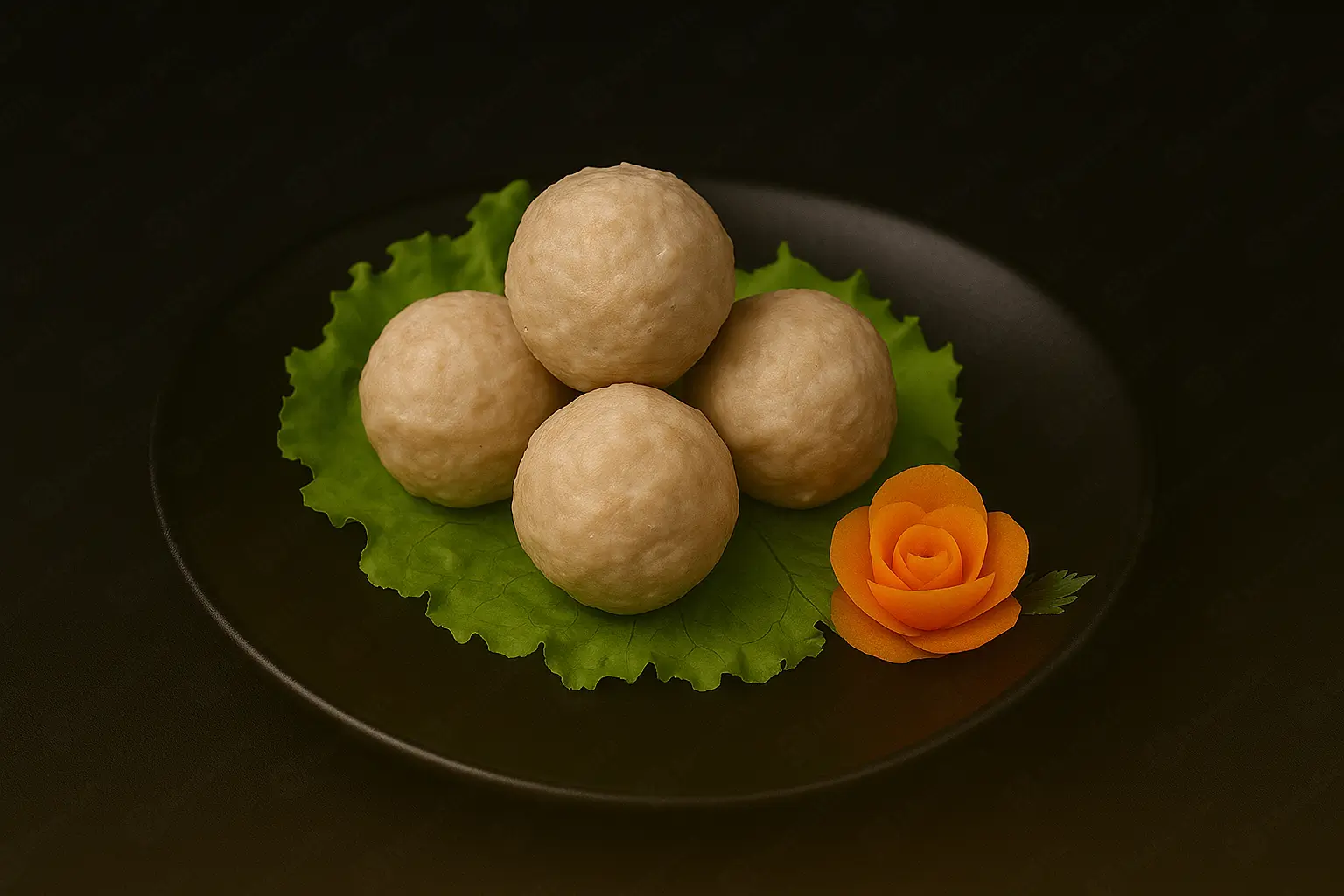 Tender meatballs on lettuce with a carrot rose garnish at Blaze Korean BBQ & Hot Pot, a Korean Restaurant in Myrtle Beach