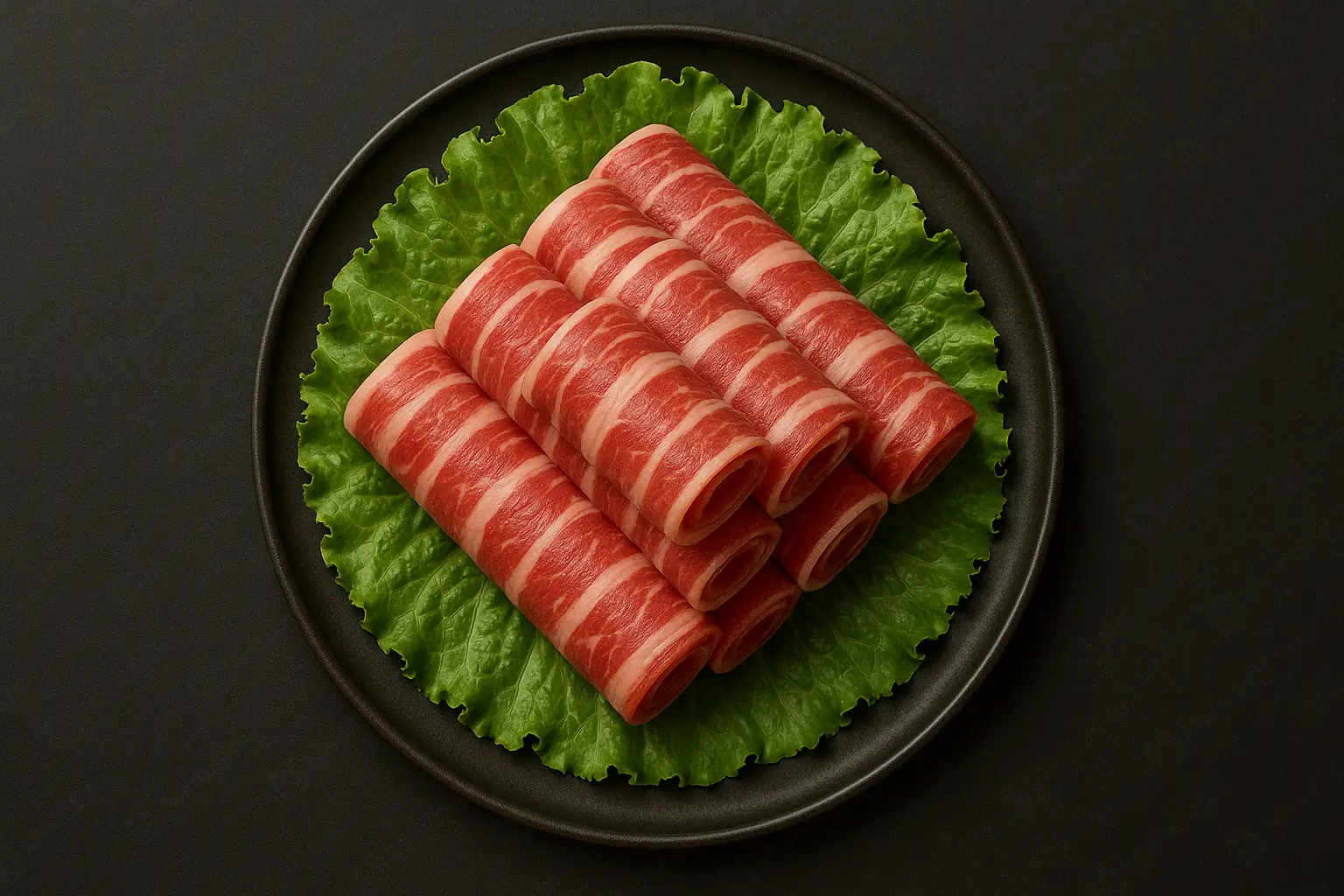 Premium marbled beef rolls neatly arranged on lettuce in a black plate at Blaze Korean BBQ & Hot Pot, a Korean Restaurant in Myrtle Beach