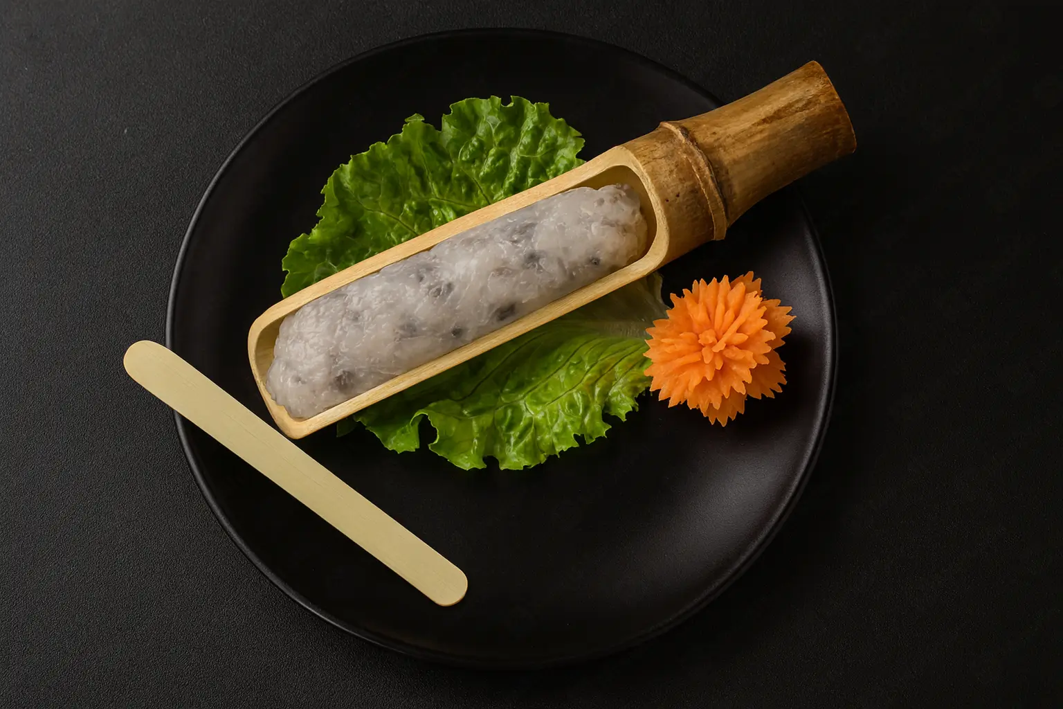 Shrimp paste in a bamboo container on lettuce with a carrot flower garnish at Blaze Korean BBQ & Hot Pot, a Korean Restaurant in Myrtle Beach