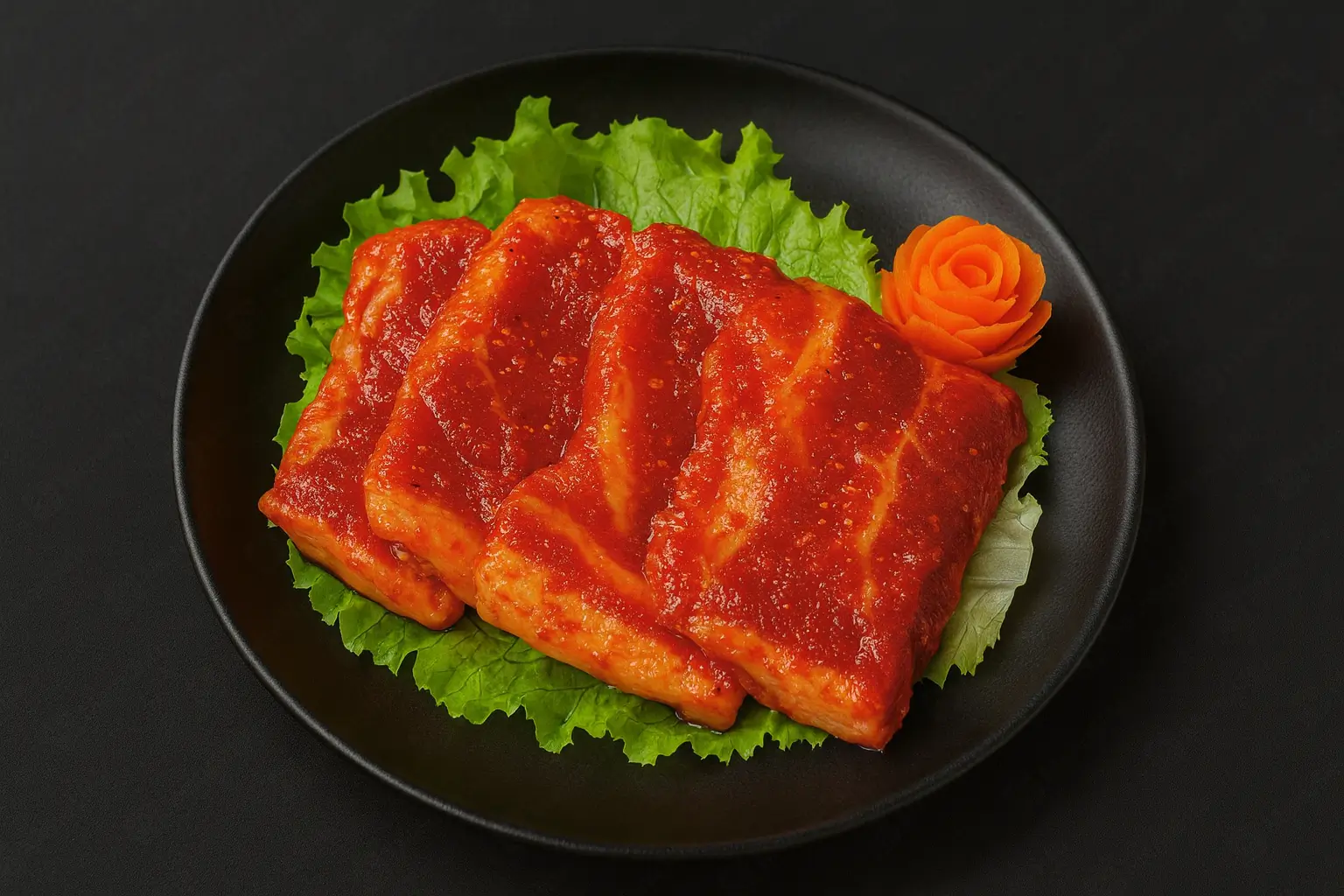 Spicy marinated pork belly slices on lettuce with a carrot rose garnish at Blaze Korean BBQ & Hot Pot, a Korean Restaurant in Myrtle Beach